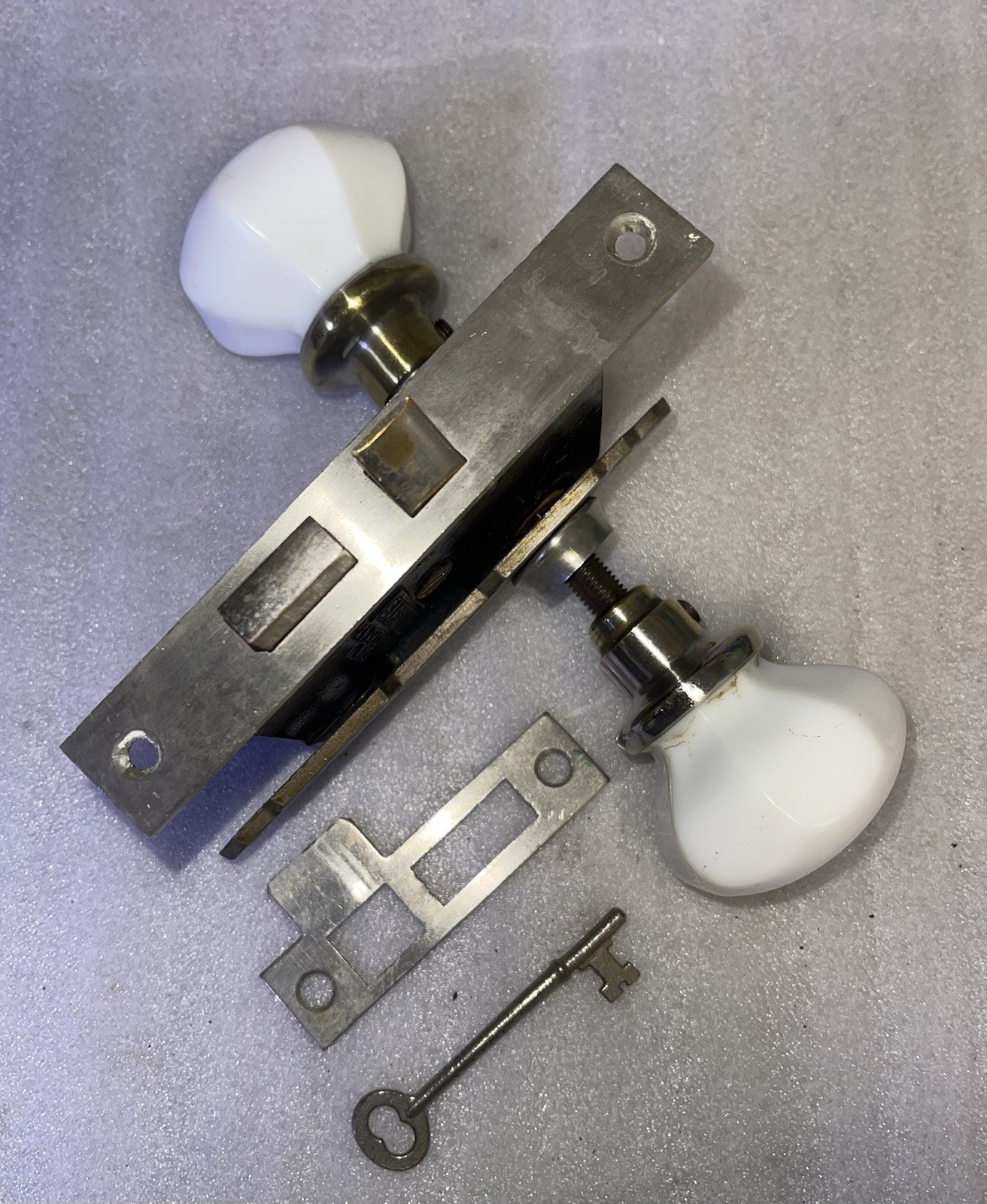 Antique Sargent Lock And White  Milk Glass Knobs Pat.  28/1881