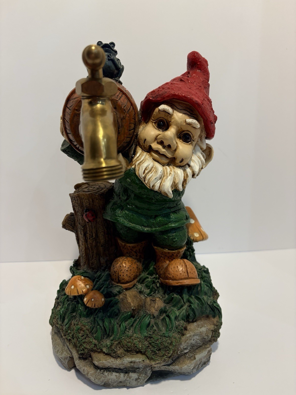 Garden Gnome Decor Holding Barrel With Faucet And Hookup. Excellent