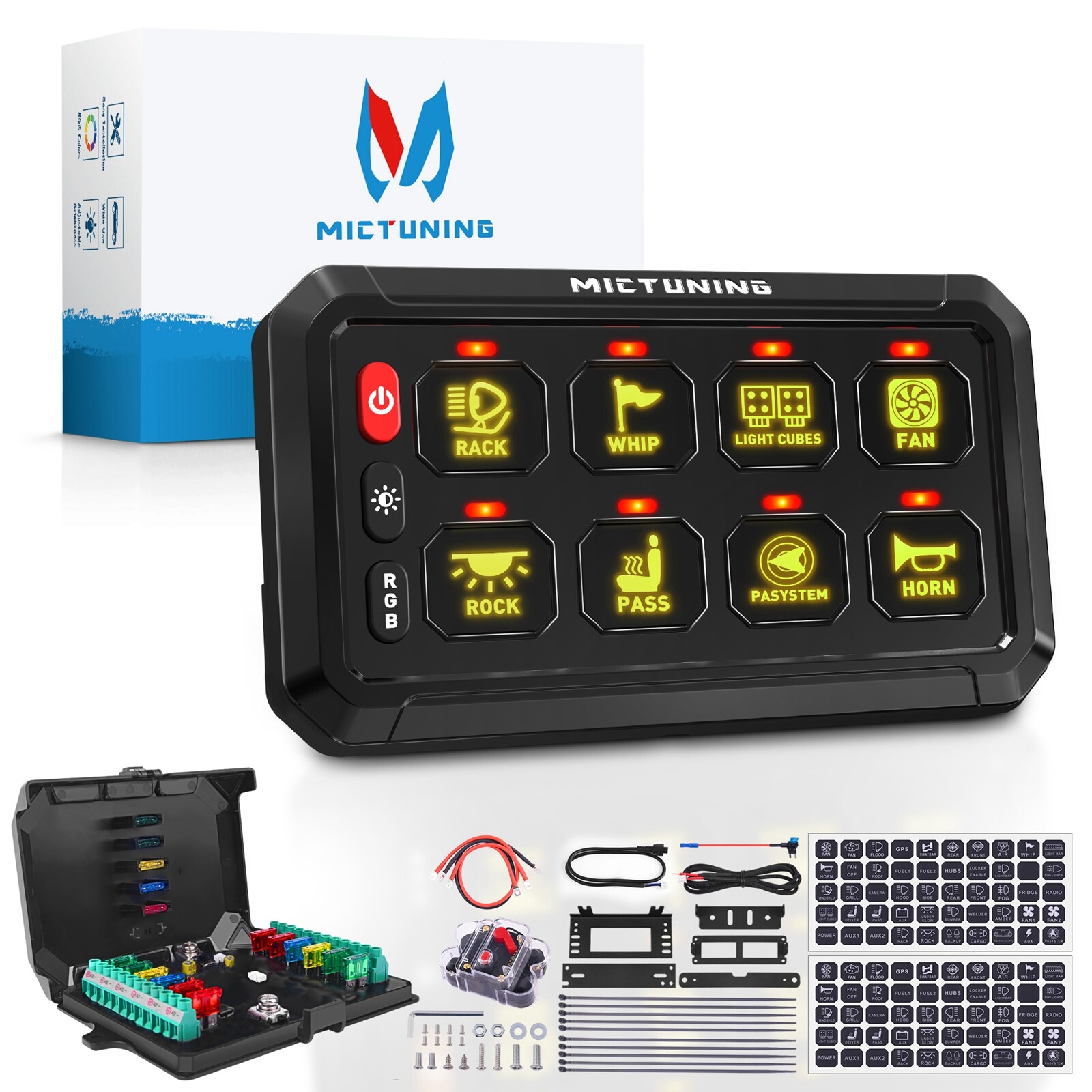 MICTUNING RGB 8 Gang Switch Panel Dimmable LED Light Bar Relay System Marine Boa