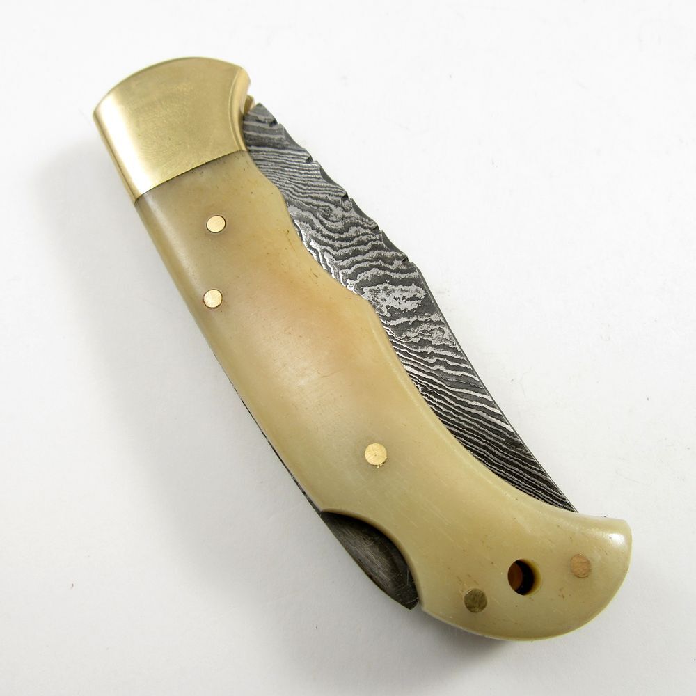 FOLDING POCKET KNIFE | Damascus Steel Blade Filework Spine Bone Handle Lockback