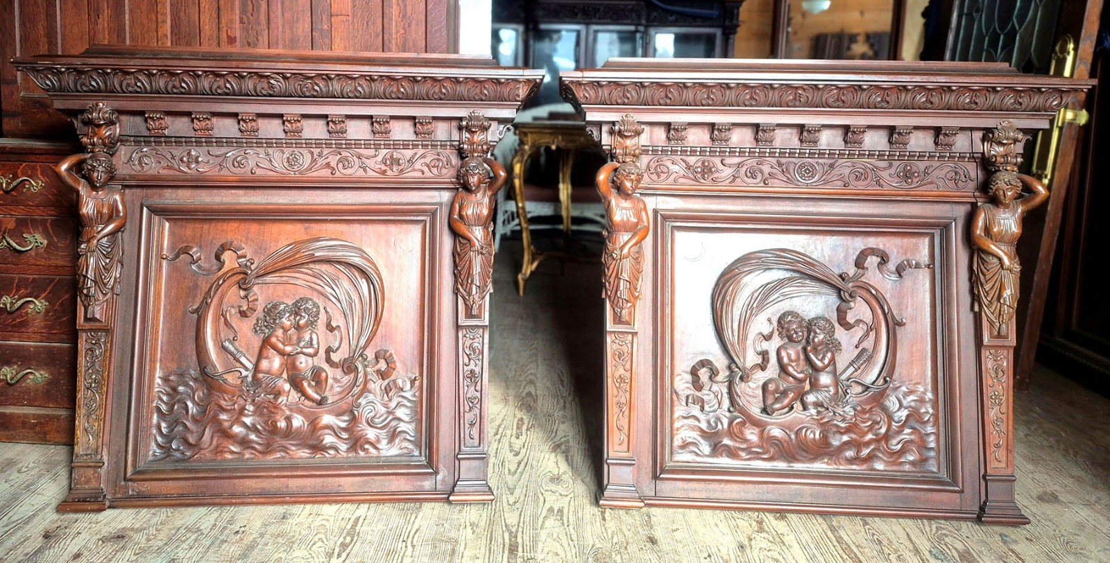 HORNER QUALITY FIGURAL CARVED PANELS TWIN HEADBOARDS