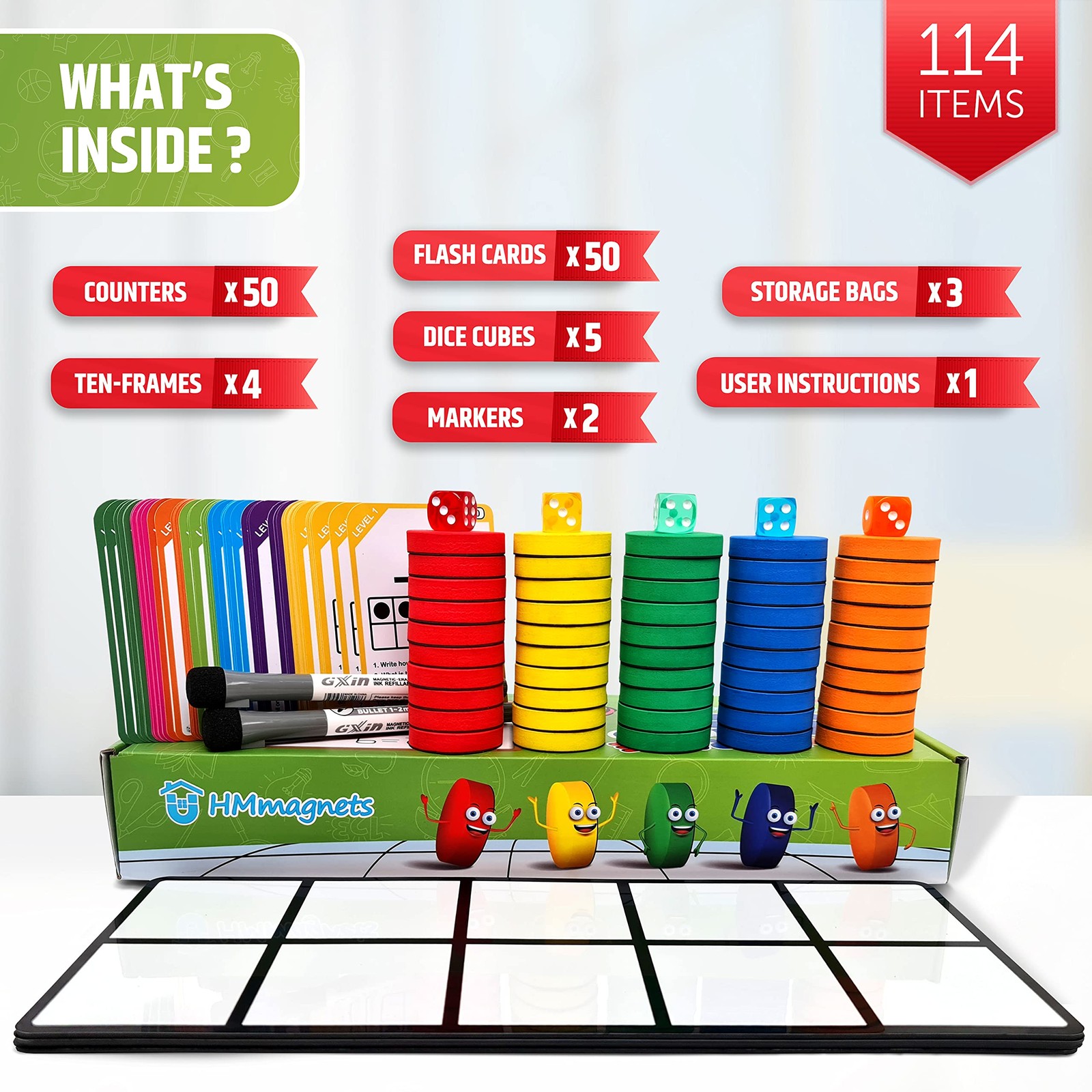 Magnetic Ten Frame Set: 4 Durable Ten-Frames + 50 Colorful Counters + 50 Math...