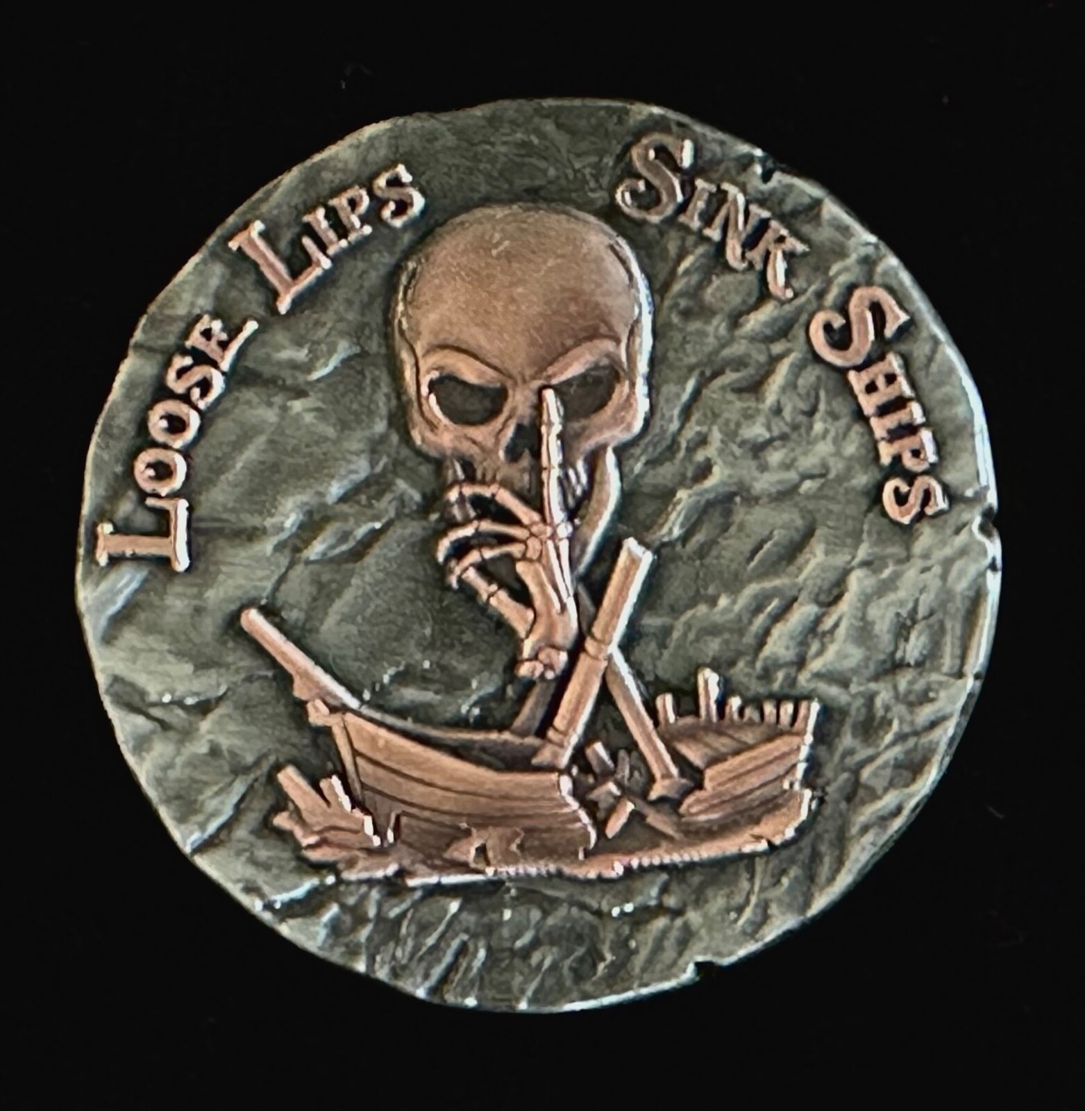 “Loose Lips Sink Ships” Pirate Challenge Coin, 1.75”, Two Tone EDC