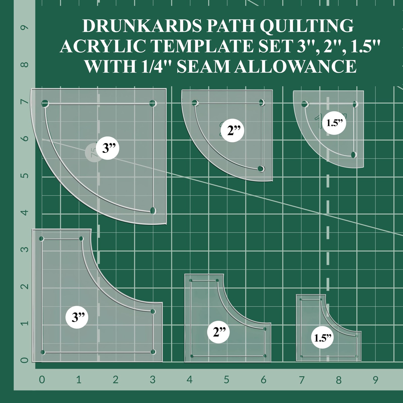 Drunkards Path Quilting Acrylic Template Set, 3", 2", 1.5" with 1/4" Seam All...