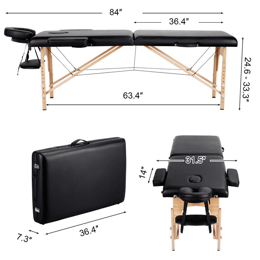 2 Section Adjustable Foldable Massage Table 84"x31.5" Wood Frame - Black