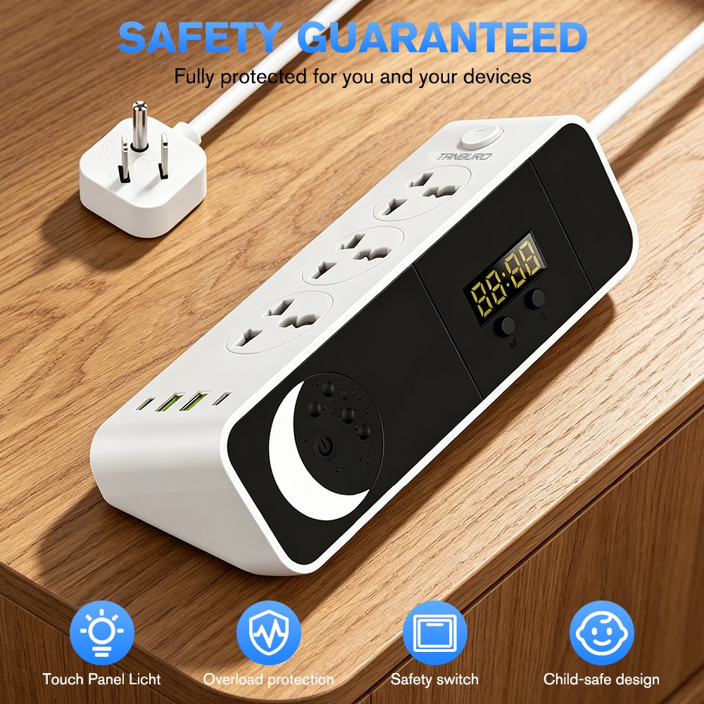 Wall Plug Power Strip with 3 Outlets Surge Protector Extension Cord Clock+Light