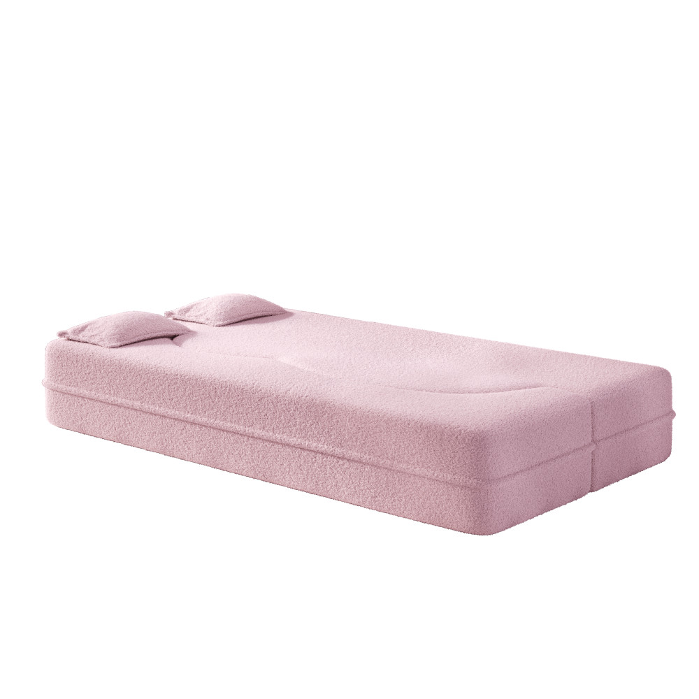 Twin Floor Sofa Bed, Teddy Fabric Folding Guest Mattress w/2 Pillows