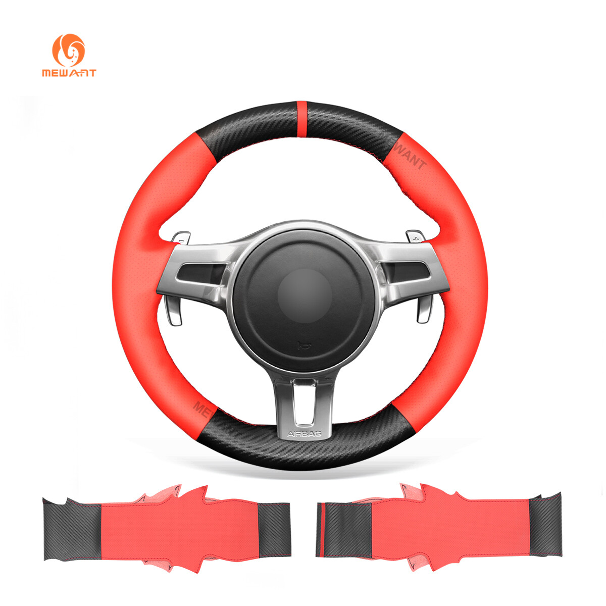 Mewant PU Leather Carbon Fiber Steering Wheel Cover for Porsche 911 Boxster Cayenne
