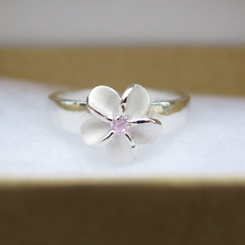 Hawaiian Jewelry 8mm Silver Plumeria Flower Pink CZ Toe Ring Open Cut TR1262