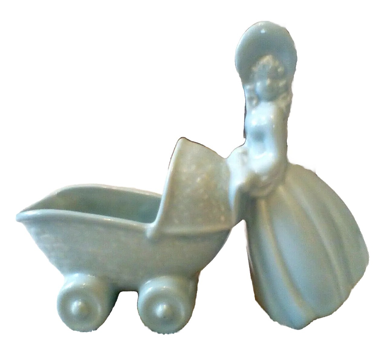 VINTAGE HAEGER CERAMIC PLANTER LADY CARRIAGE BUGGY BABY SHOWER LIGHT BLUE