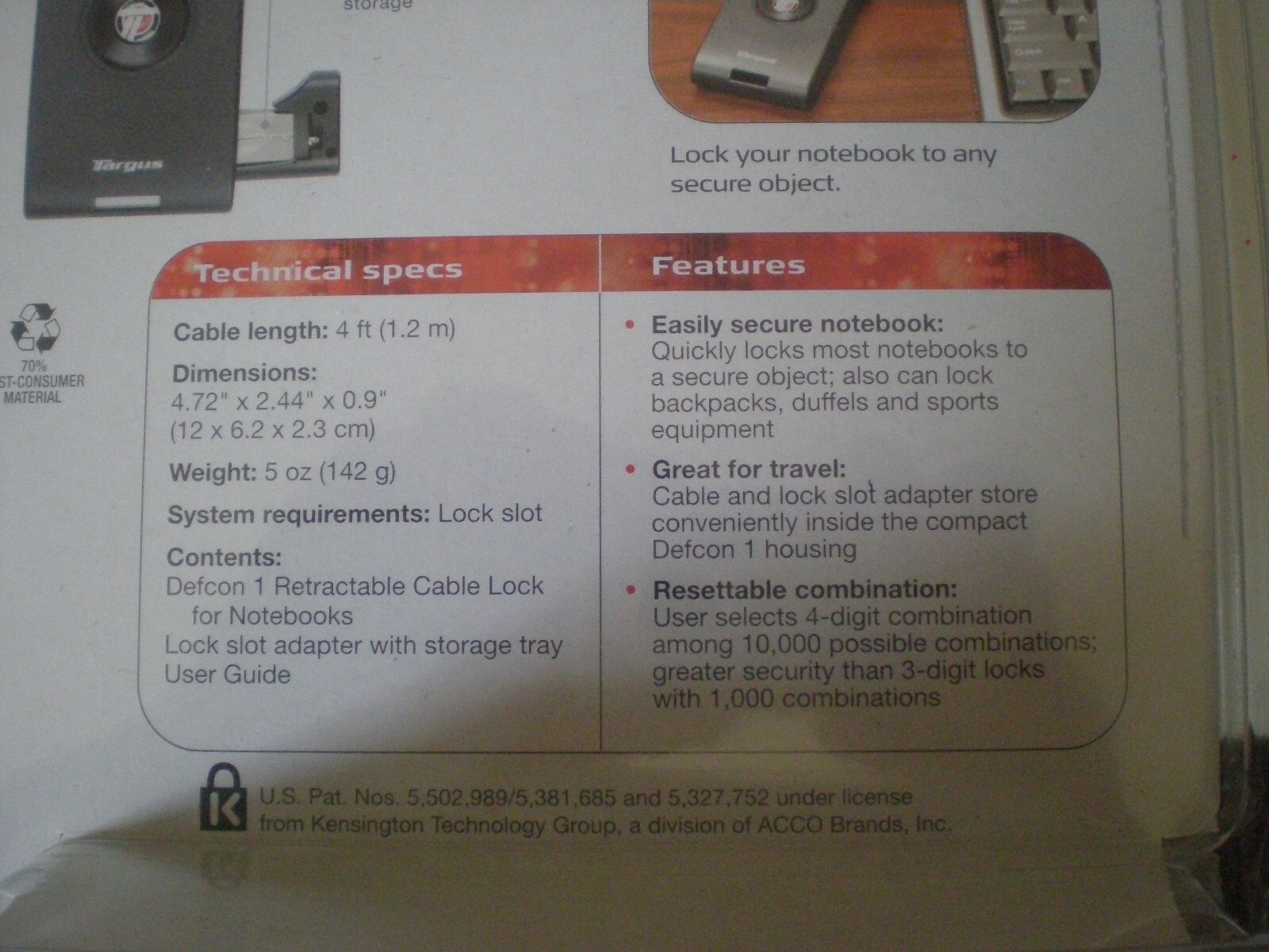 Targus Defcon PC/MAC Notebook Cable Retractable Lock Combination Lock