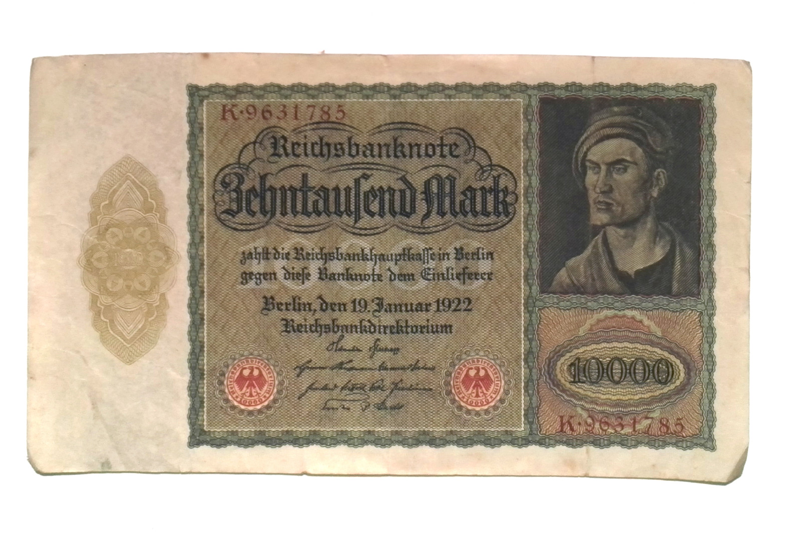 1922 Germany Weimar Republic 10.000  Mark Banknote LARGEST Low Grade
