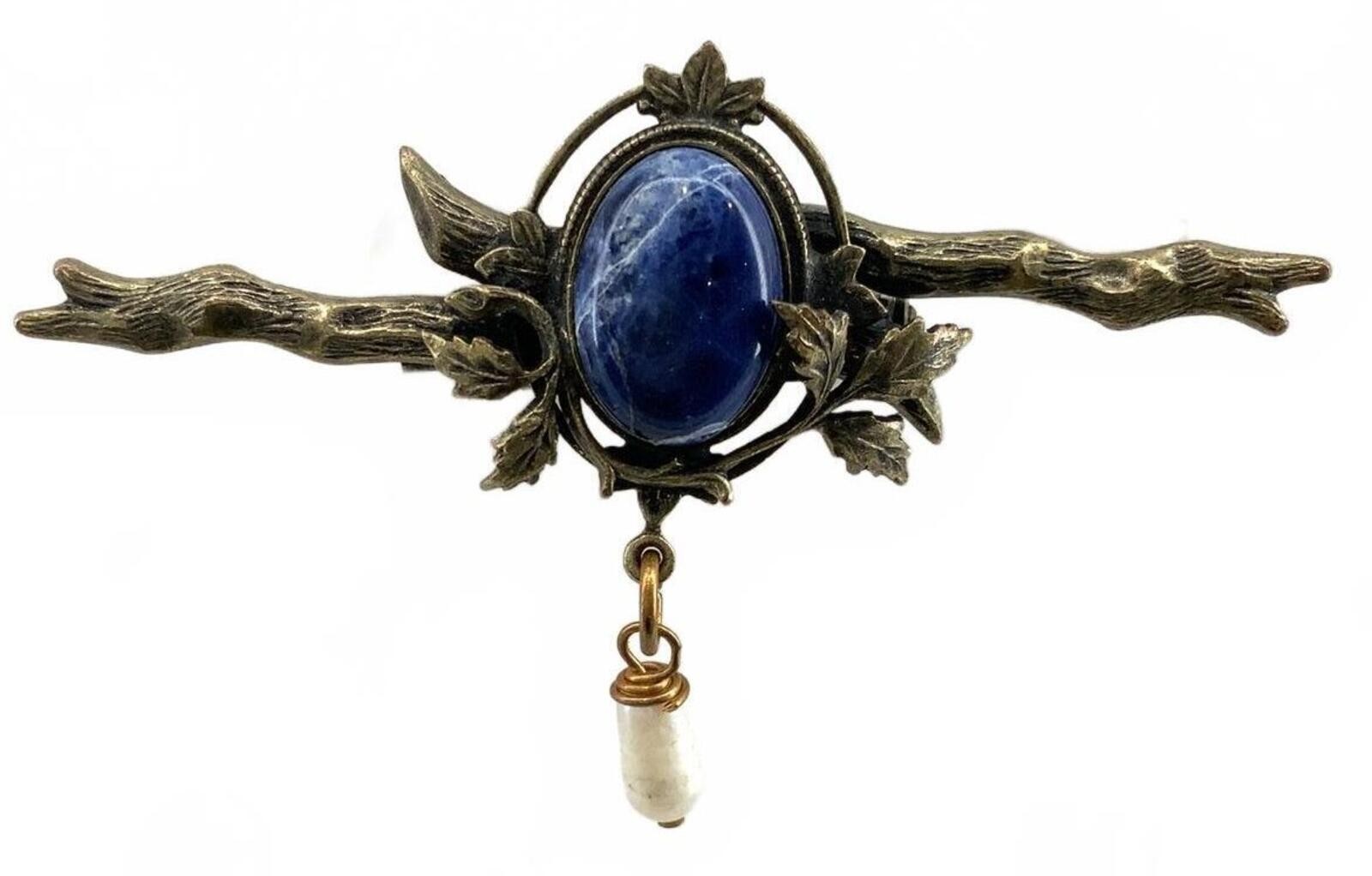 Vintage Sodalite Brass Tone Art Nouveau Branch Brooch Blue Stone Pearl Dangle