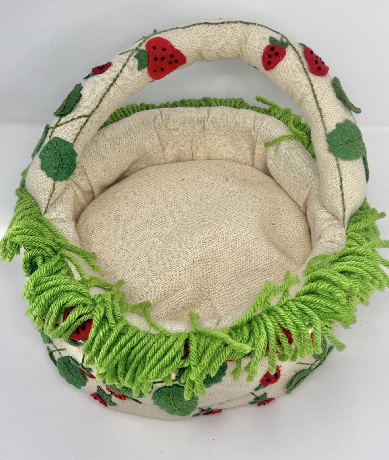 Handmade Felt Yarn Strawberry Easter Basket Storage Red Green OOAK
