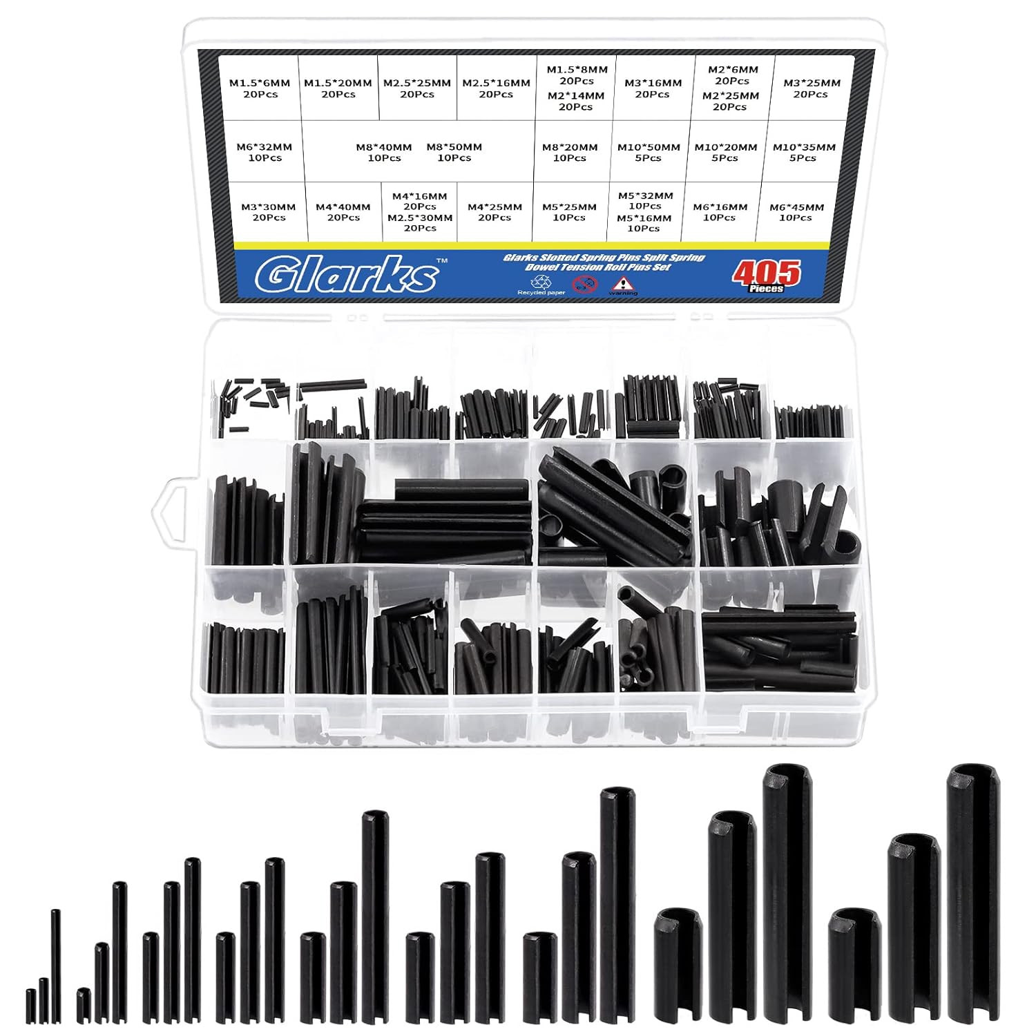 405Pcs 27 Sizes Roll Pin Assortment Set, M1.5 M2 M2.5 M3 M4 M5 M6 M8 M10 Slotted