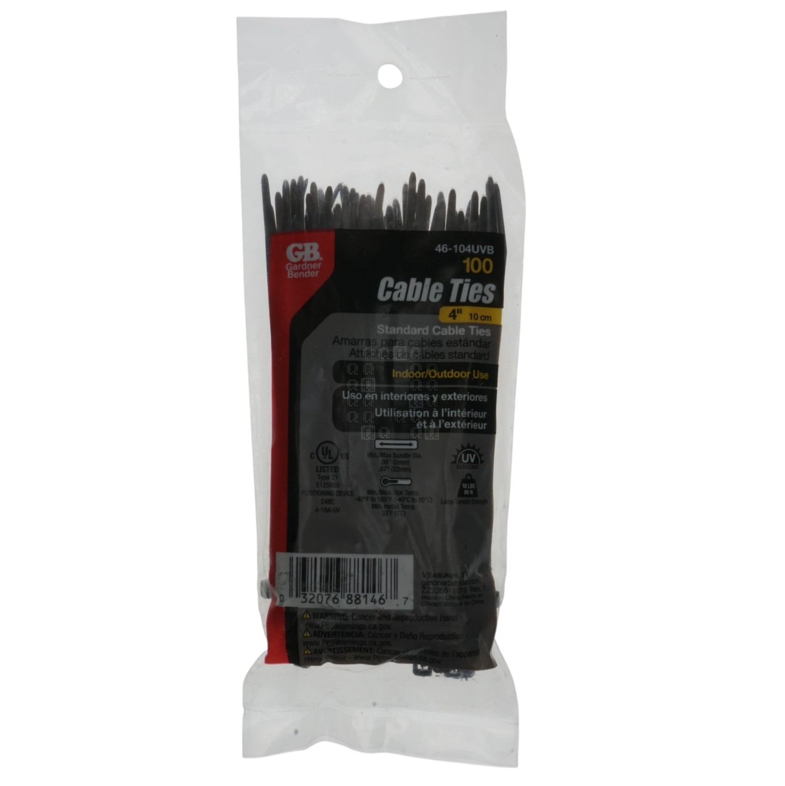 Gardner Bender GB 46-104UVB 4" Standard Cable Ties, Black, 100-Pack UV Resistant