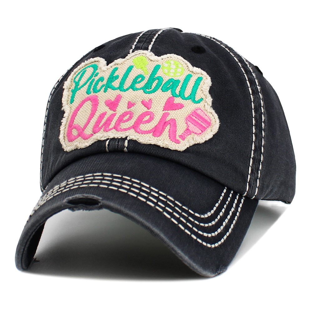 NEW W TAGS WOMEN'S BLACK PICKLEBALL QUEEN CAP HAT BASEBALL DISTRESS KBETHOS