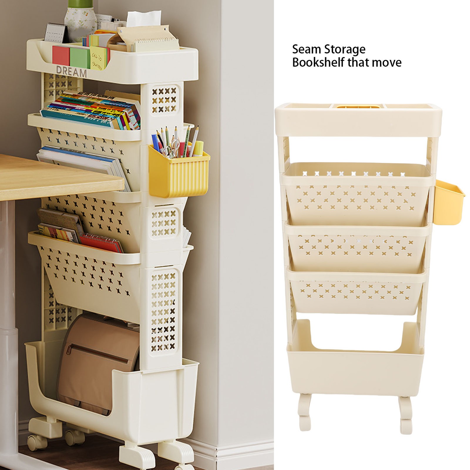 Rolling Book Cart 5 Tier Multi Functional Movable Storage Book Rack White