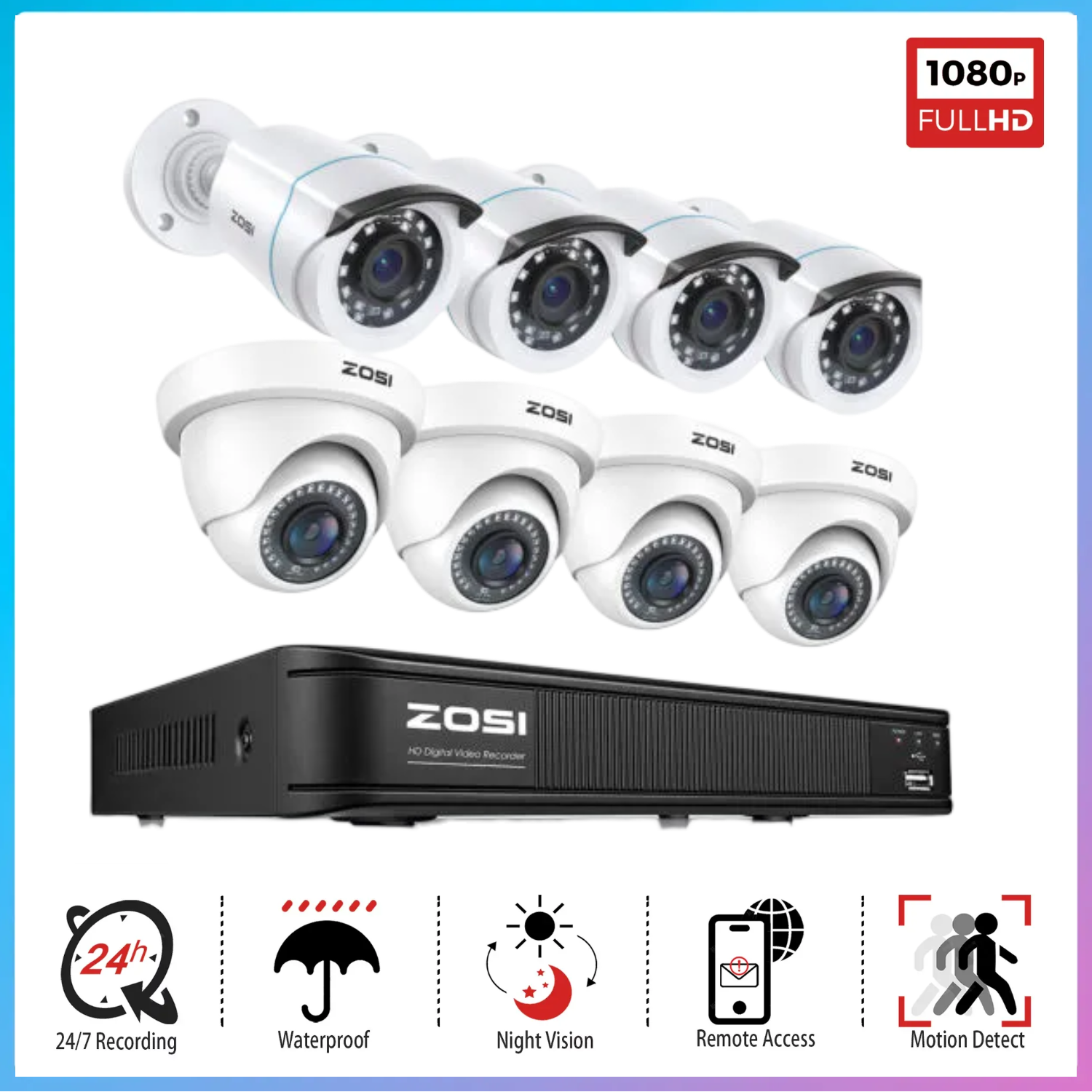 ZOSI 5MP Lite 8CH DVR Wired 2MP Security Camera System Remote View Motion Detect
