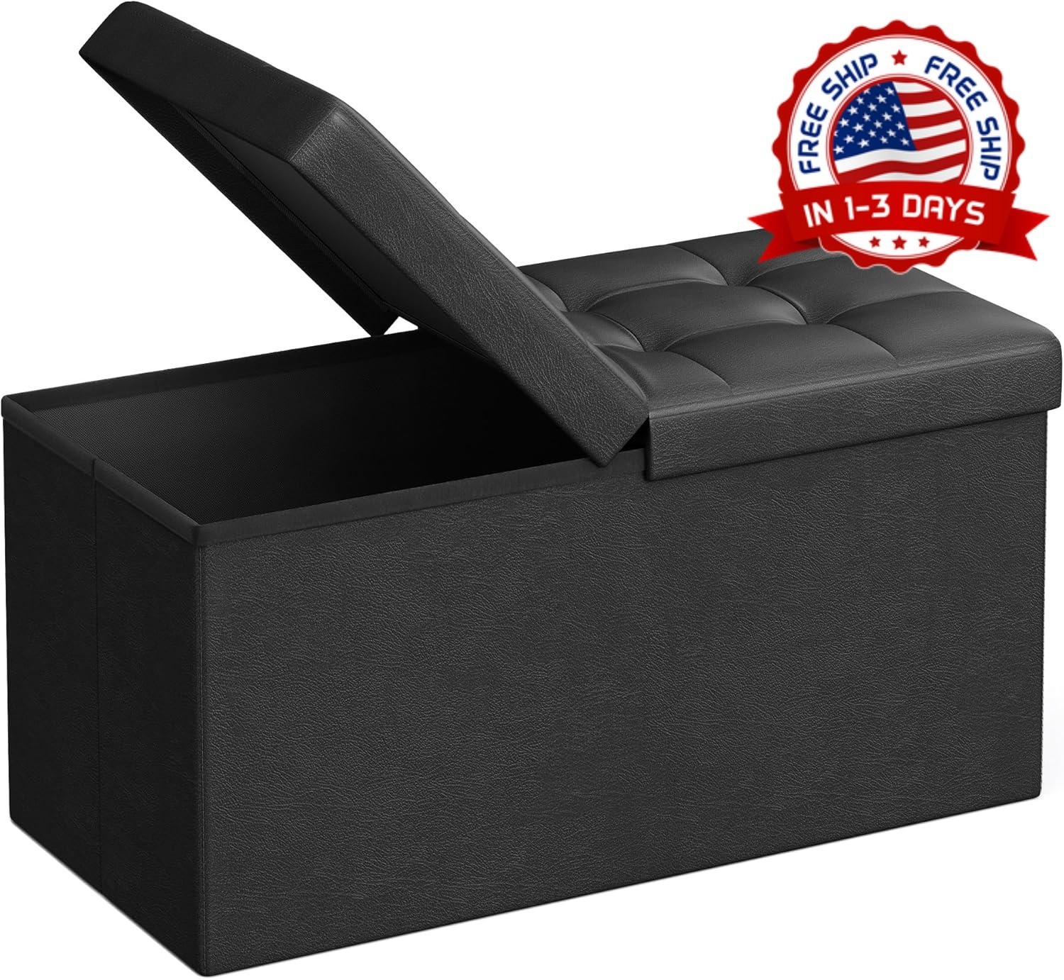Otomana banqueta 30in cuero negro con almacenamiento baul tapa sala dormitorio