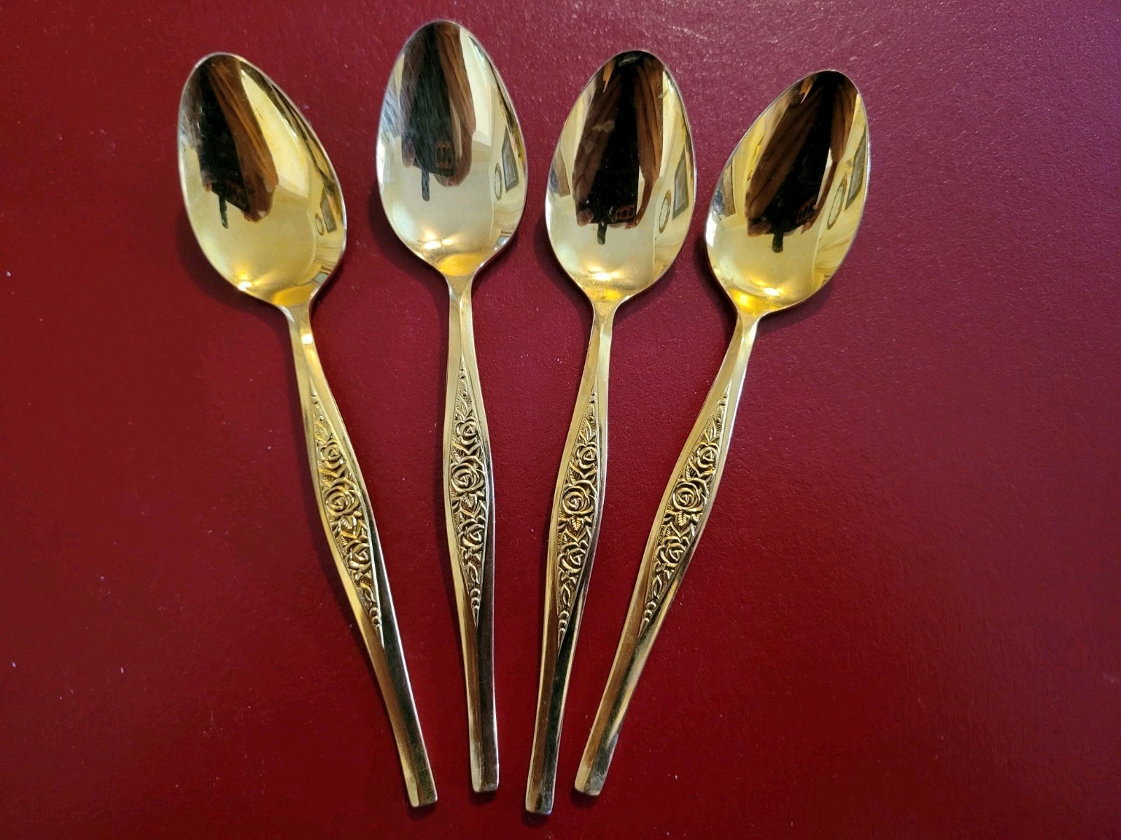 4 PCS GOLD ELECTROPLATE Teaspoons FLATWARE ~ MADE IN JAPAN ROSE PATTERN