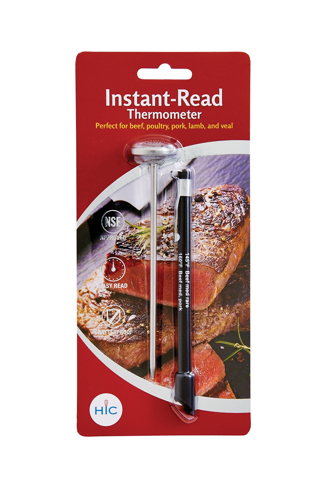 HIC Kitchen Instant-Read Meat Thermometer: Shatterproof Face, Stainless Steel
