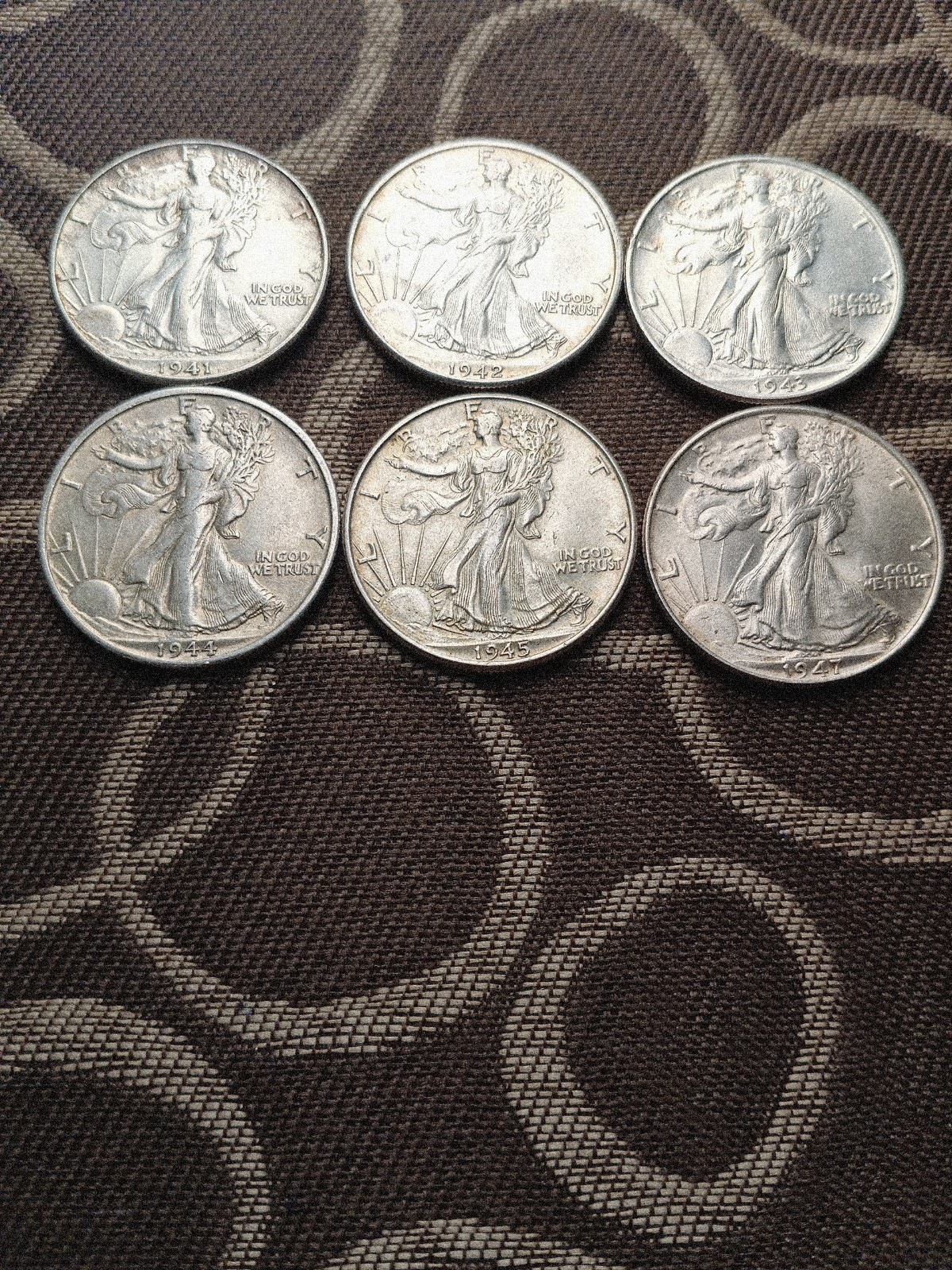 1941 D,42 P,43 P, 44 S, 45 P, 47 P,  AU Silver WALKING LIBERTY HALF LOT OF 6