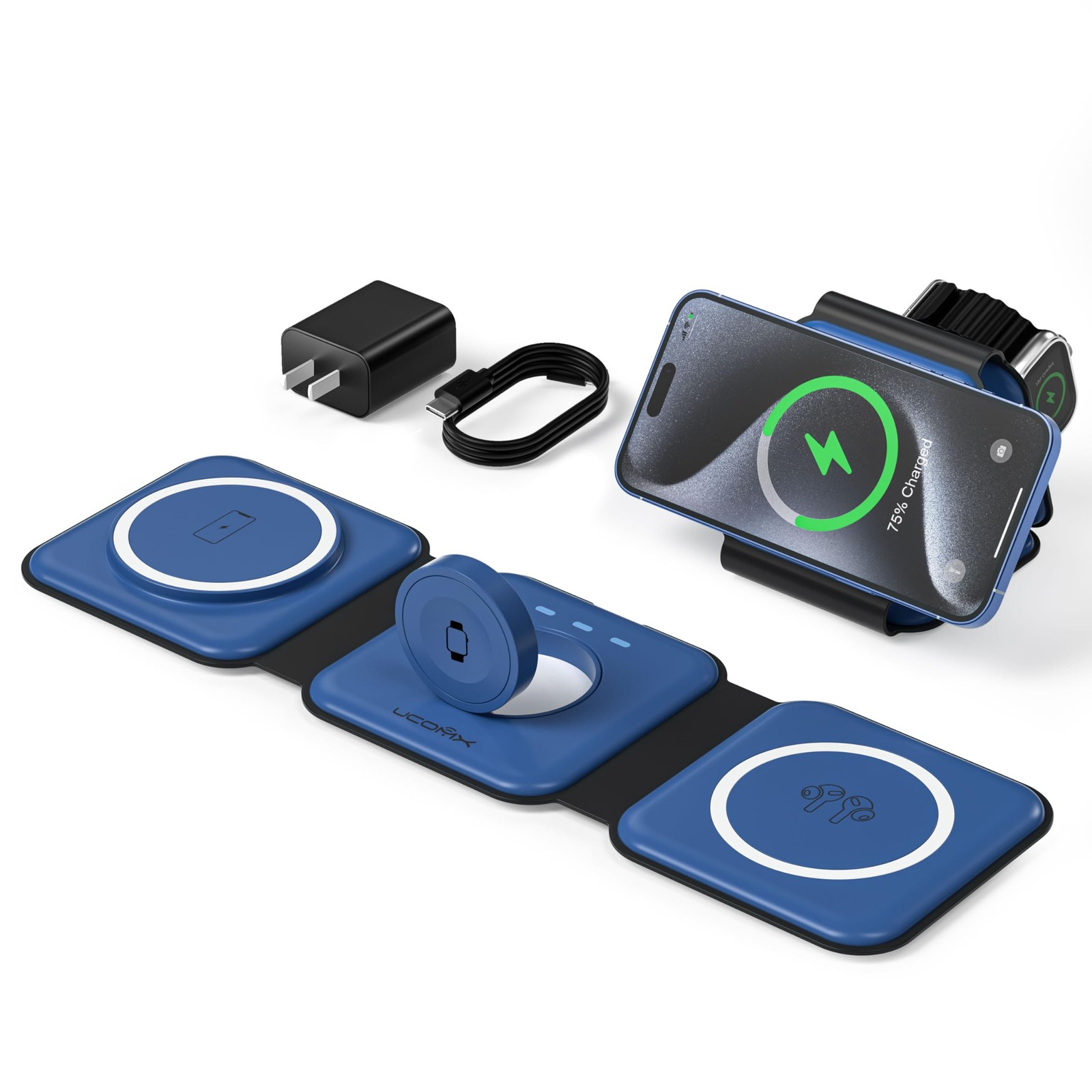 UCOMX 3 in 1 Charging Station for Multple Devices,Foldable 3 1 Blue