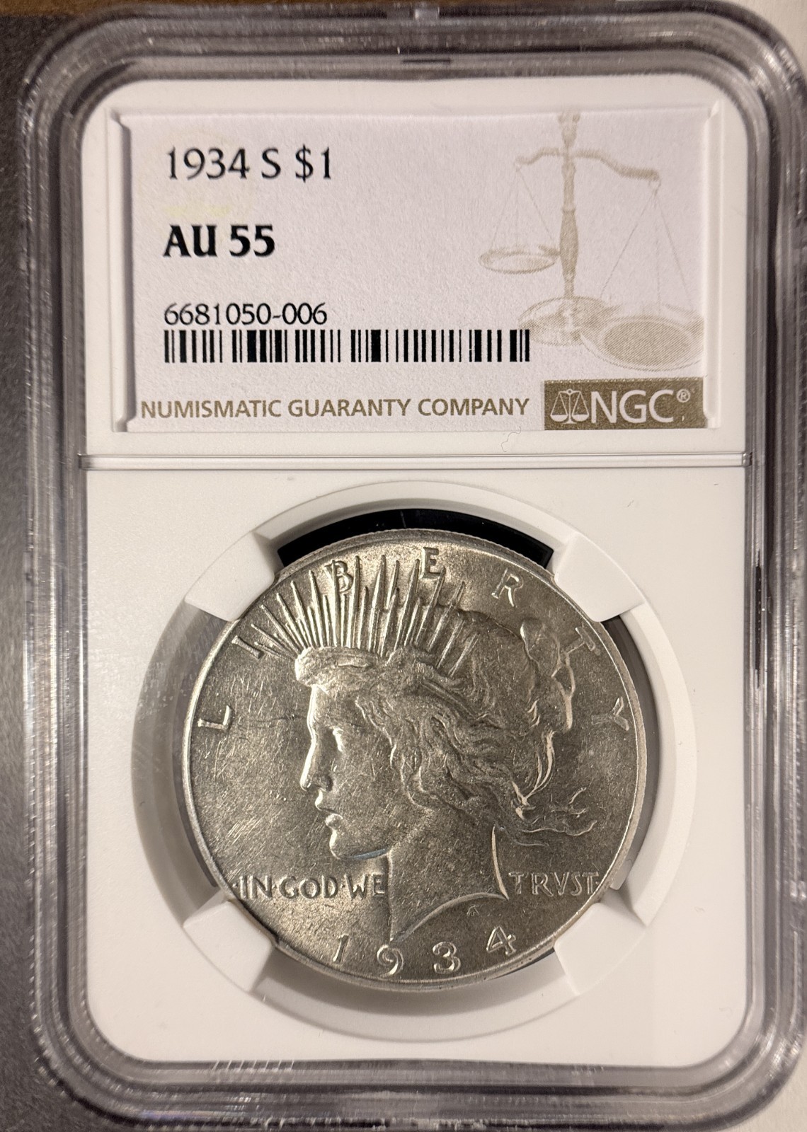 1934-S Peace Silver Dollar, AU55 NGC (19296)