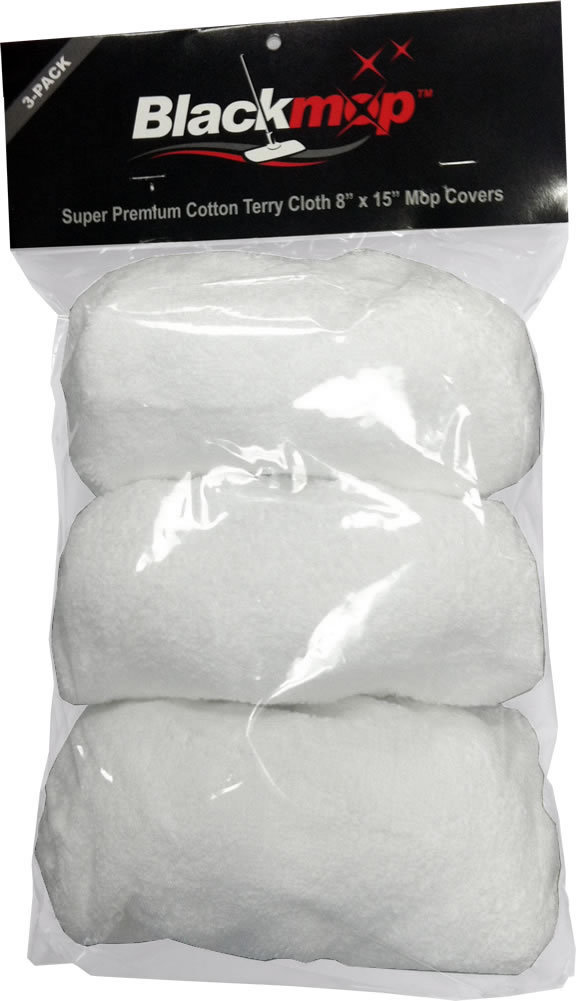 Black Mop Super Premium Cotton Terry Cloth  8" x 15" Mop Cover - 3 Pack