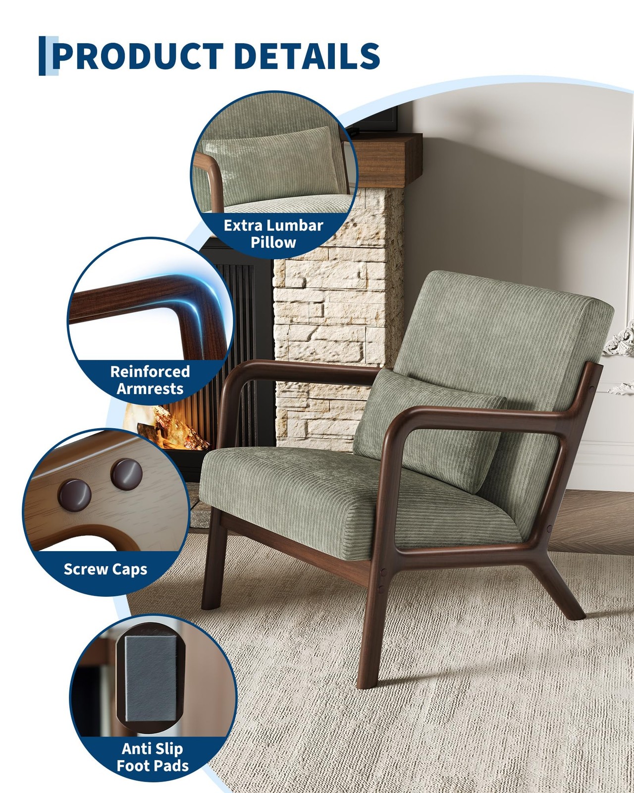 Modern Accent Chair, Mid-Century Corduroy Chair Lounge Armchair ,w/Lumbar Pillow