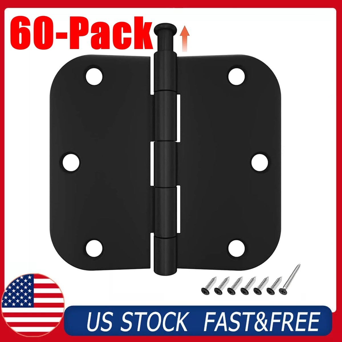 60 Pack 3.5" Matte Black Interior Door Hinges 3.5" x 3.5" with 5/8" Radius Hinge