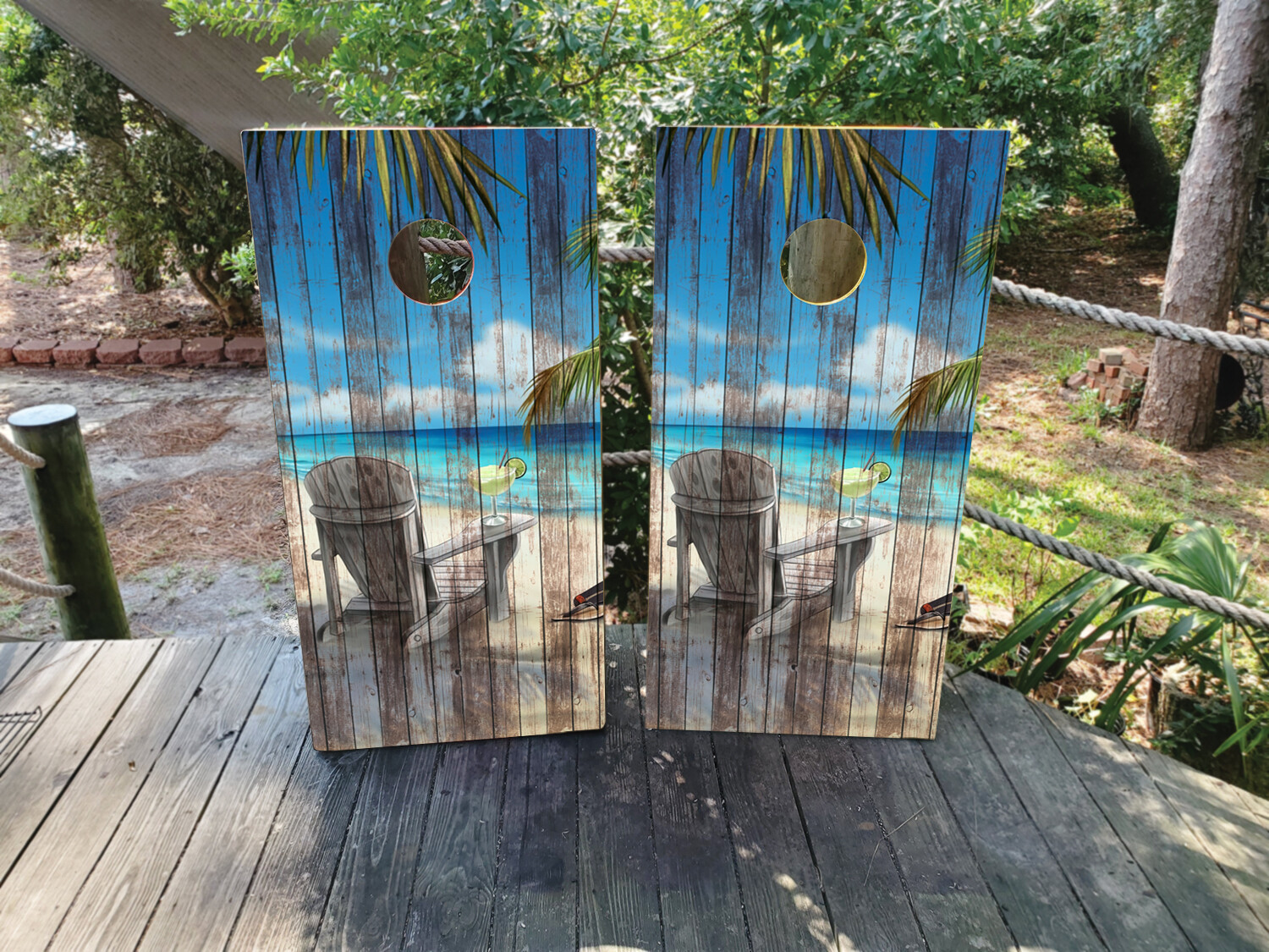 Laminated Cornhole Board Wraps – Beach Scene Adirondack Chair – High Quality