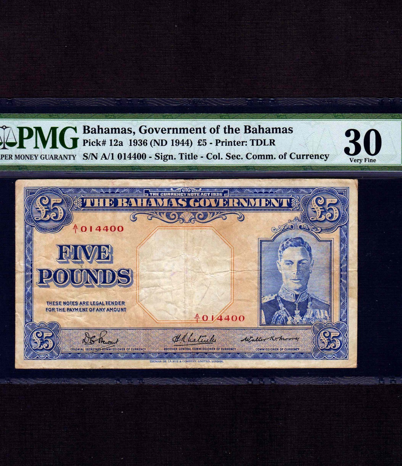 Bahamas 5 Pounds 1936 P-12a * PMG VF 30 * King George *
