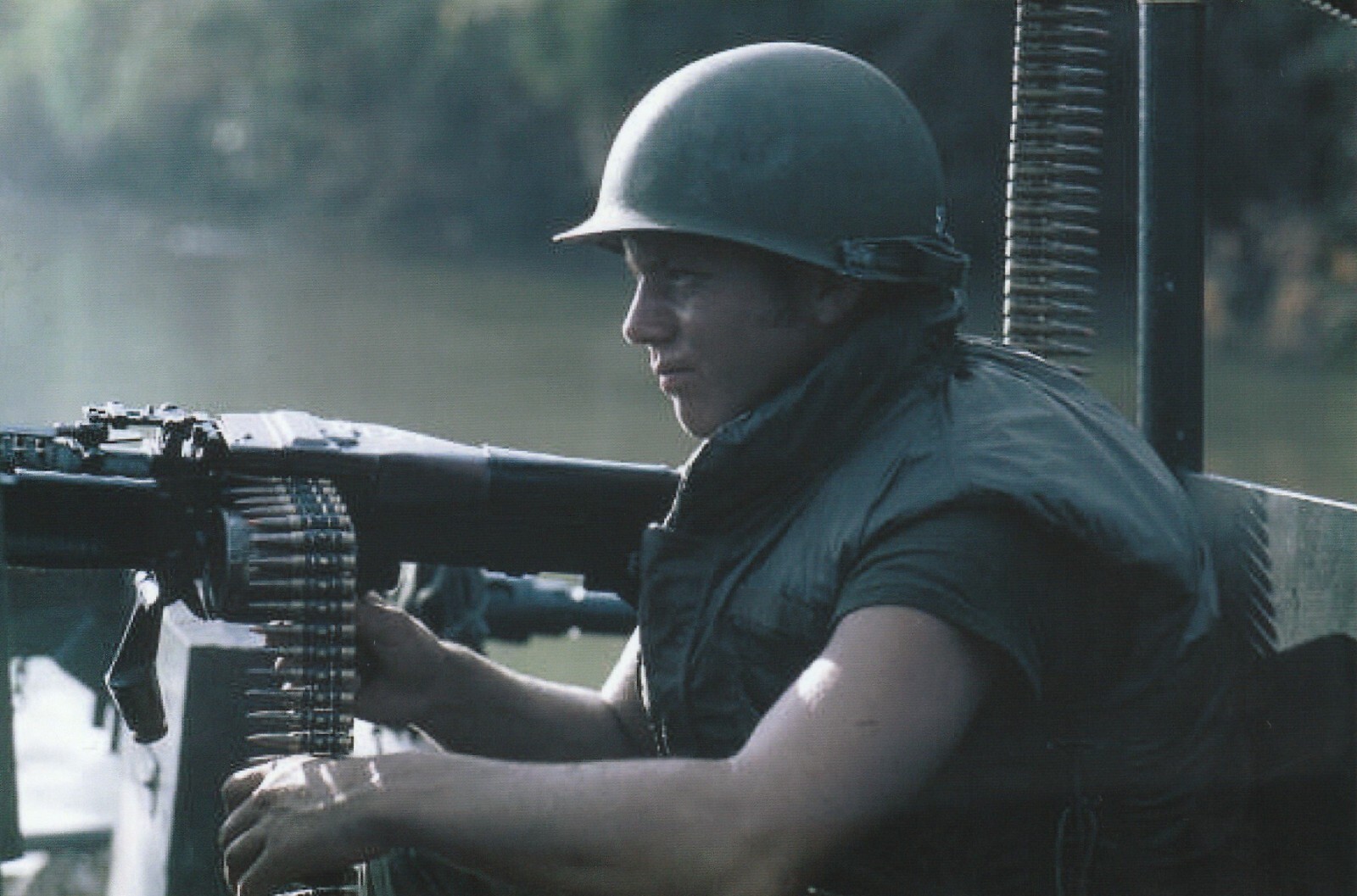 Vietnam  War  Photo --    US Soldiers  - River Gun Boat  Gunner