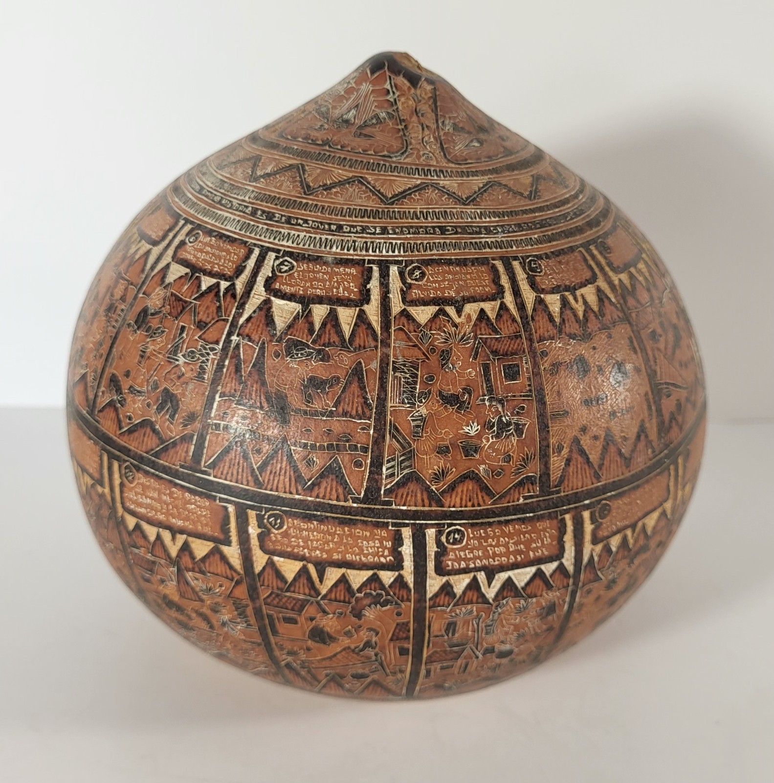 Hand-carved Gourd Andes Of Peru Folk Art Pictorial Rural Life Storyteller  Decor