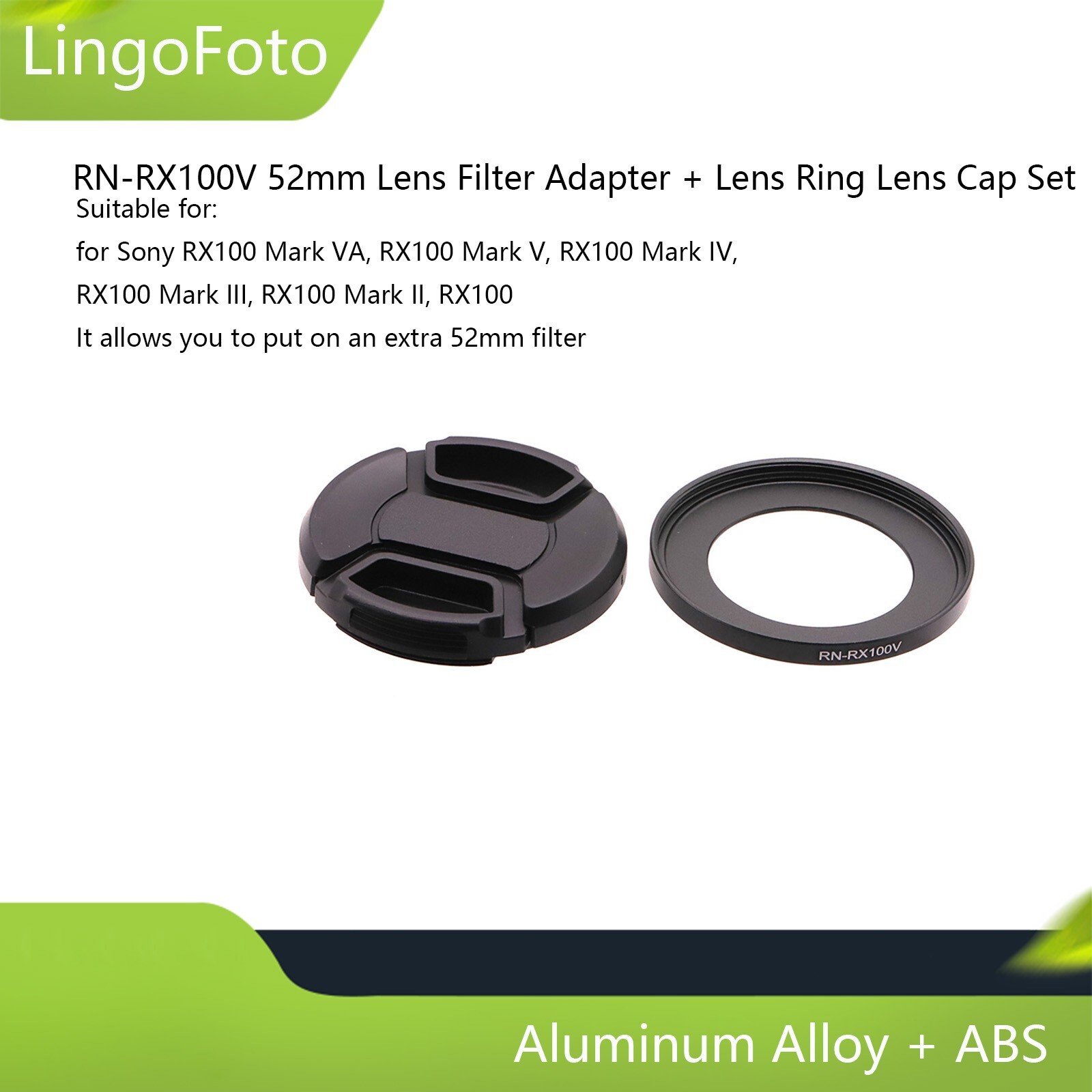 RN-RX100V 52mm Lens Filter Ring + Lens Cap Set for Sony RX100 Mark VA, Mark V