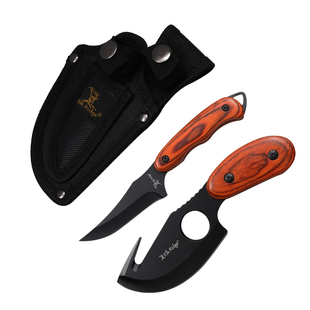 Elk Ridge 2PC Full Tang Fixed Blade Hunting Knife Set w/Wood Handle & Sheath