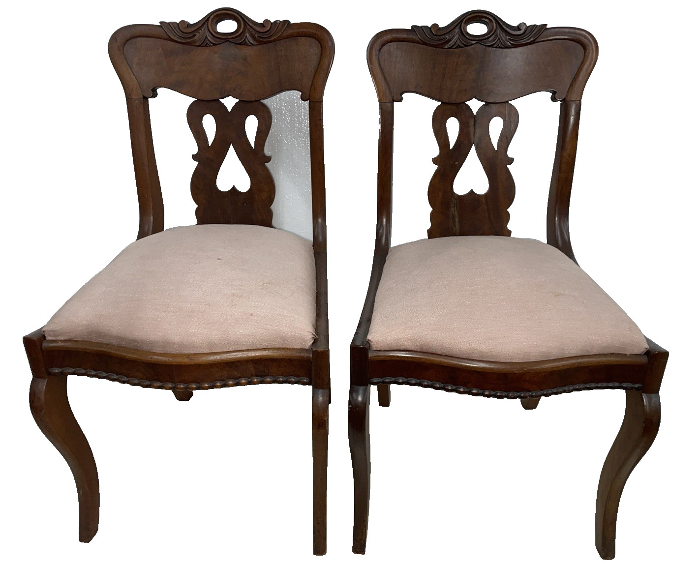 PAIR Antique Empire Saber leg Chairs mid 19th century Carved Crest