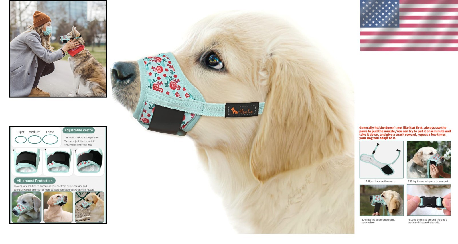 P-Cyan Flower Adjustable Dog Muzzle - Anti Biting, Breathable Mesh for Size M