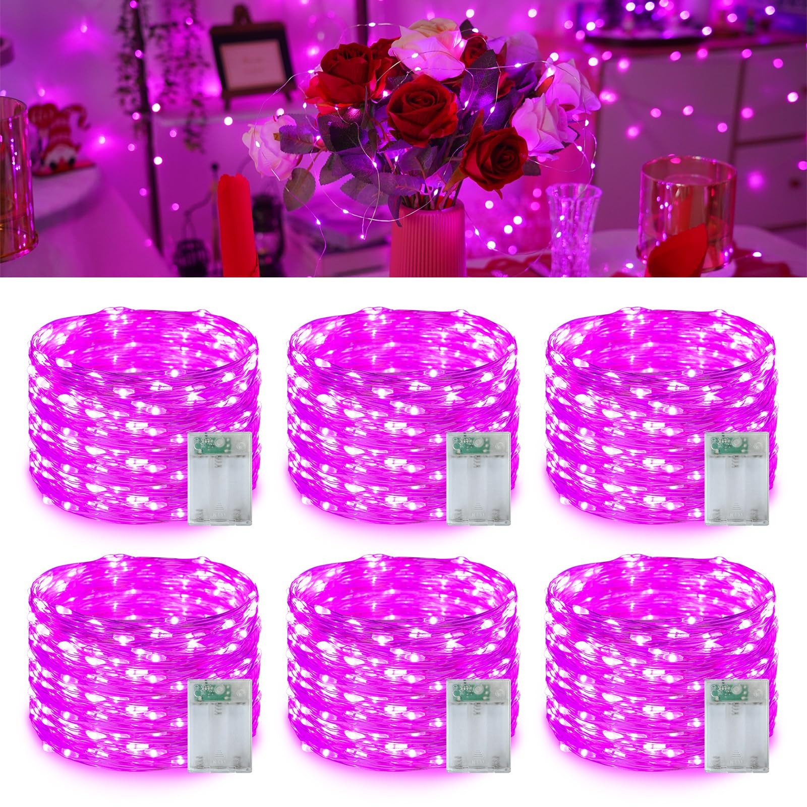 6 Pack Fairy Lights Battery Operated, Each 16 ft 50 LED Pink Mini String Ligh...