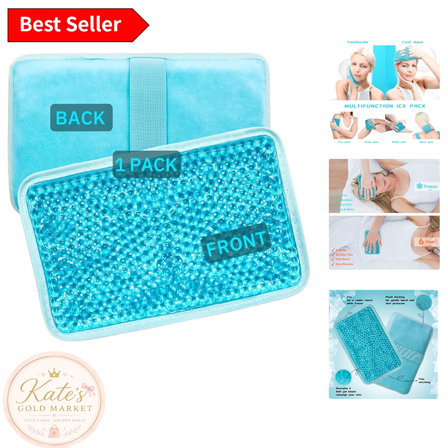 Reusable Gel Beads Ice Pack with Strap - Hot & Cold Relief for Pain (7.76x4.93)