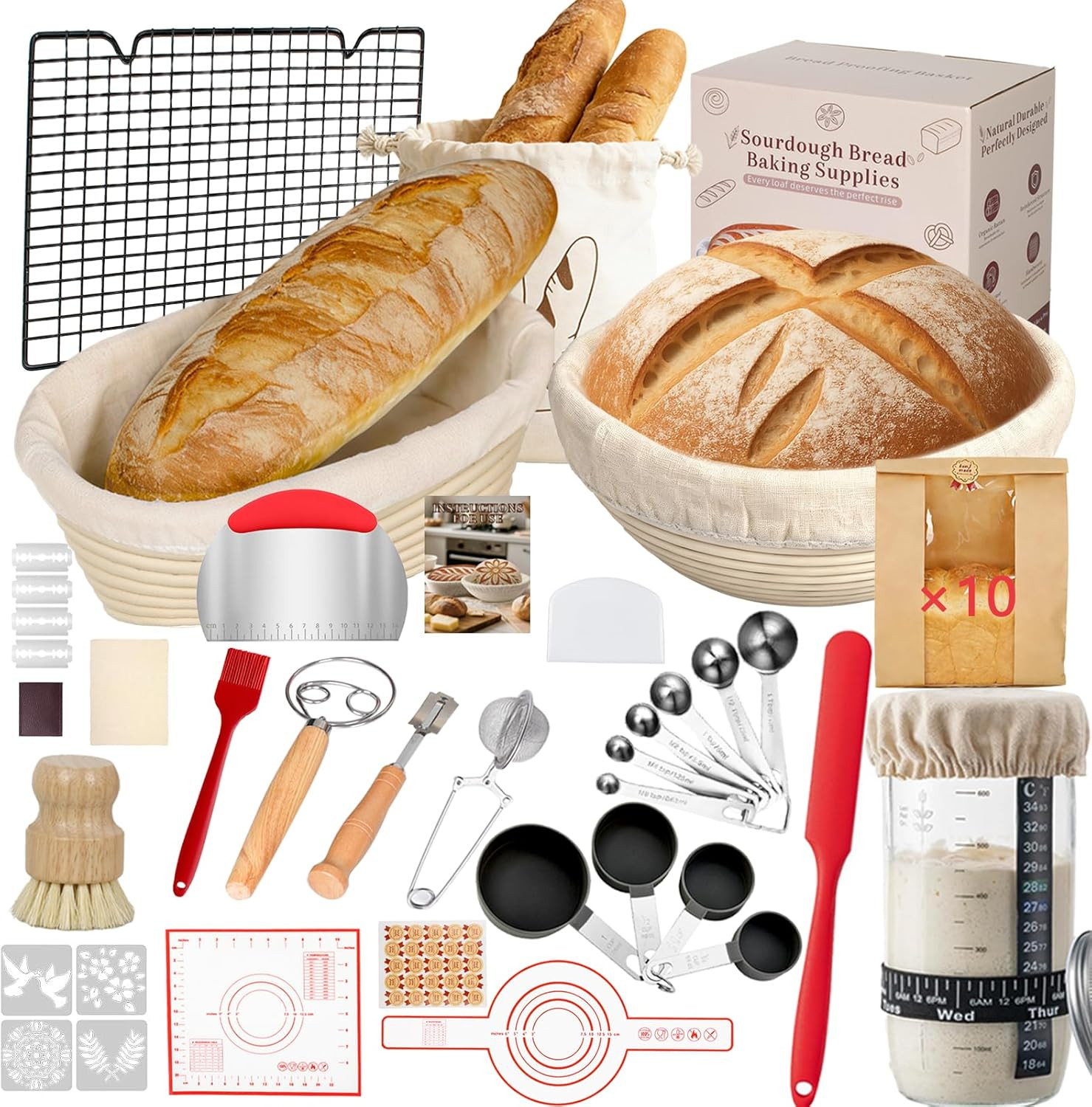 52 Pcs Sourdough Starter Kit, Sourdough Bread Baking Supplies with 9" round & 10