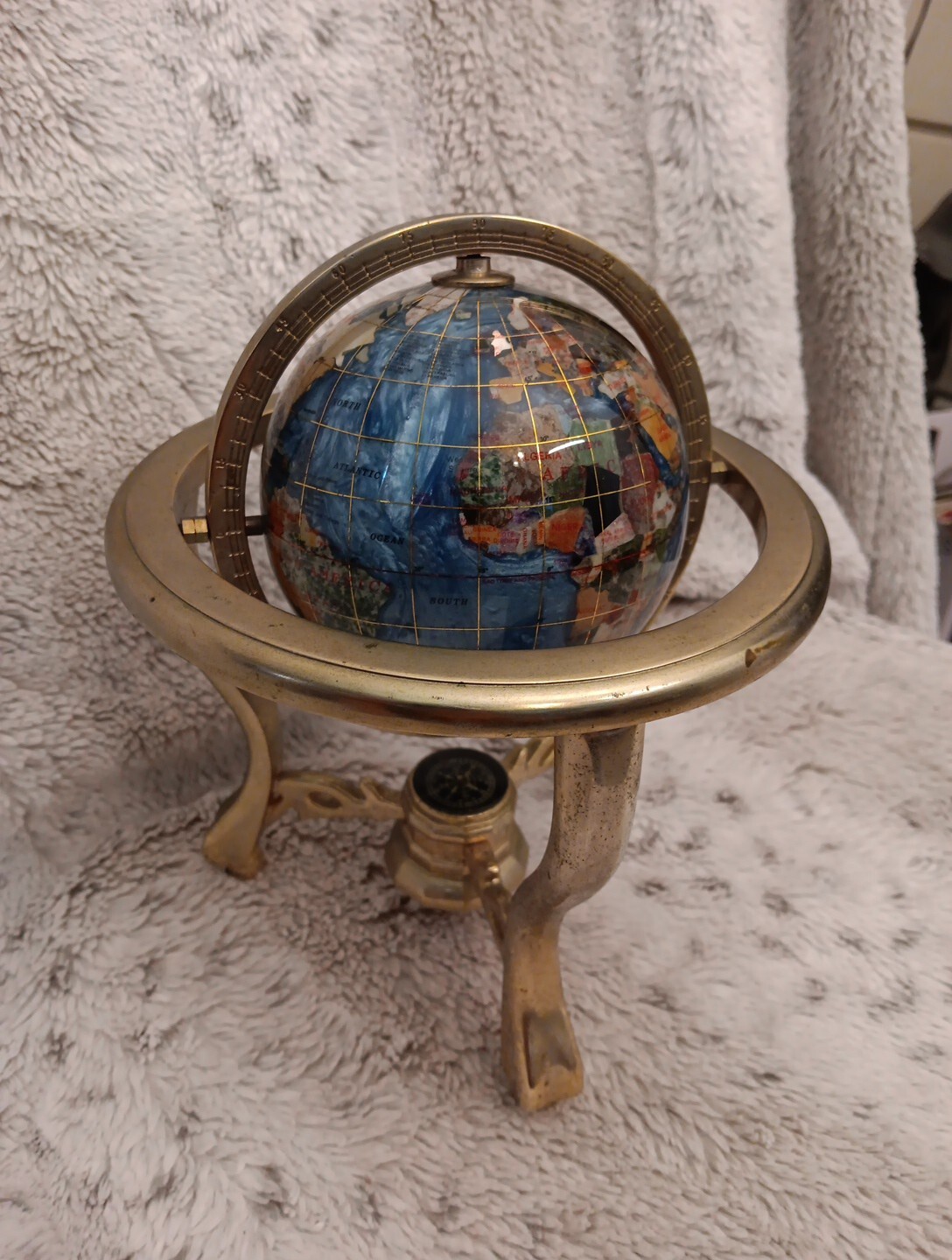Gemstone Inlay Tabletop World Globe With Brass Frame & Compass 9" Tall