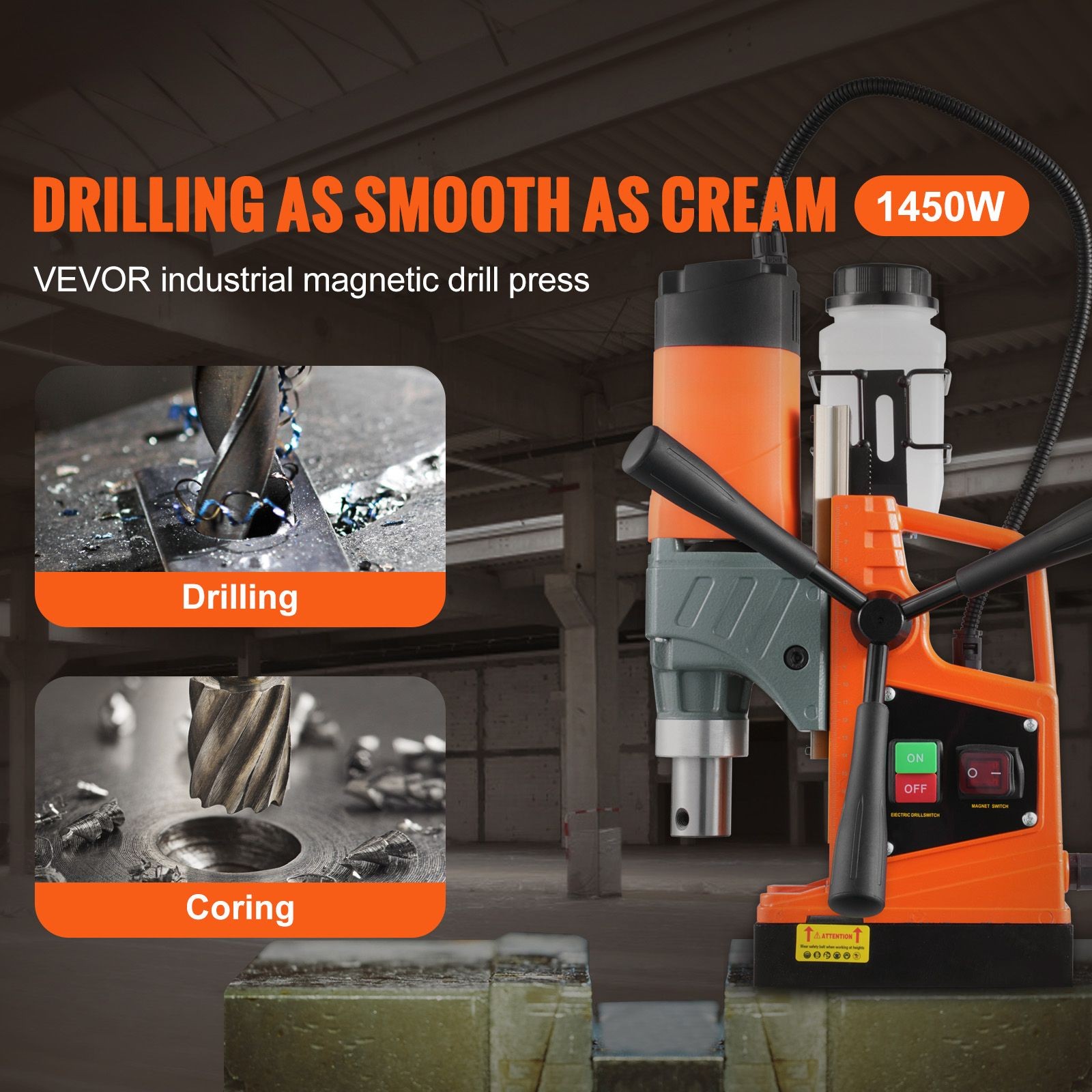 1450W Mag Drill Press: 1.6in Coring, 2810lbf Base, 850 RPM, 11 Bits