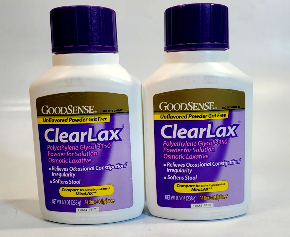 2 Pack Clearlax, Polyethylene Glycol 3350 Powder.Osmotic Laxative, 8.3oz MiraLAX