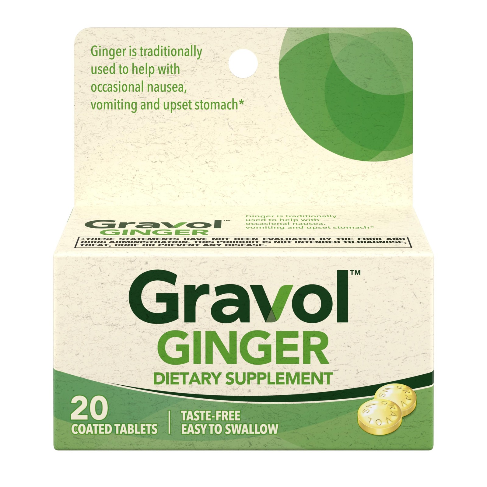Gravol Ginger Tablets for Upset Stomach and Nausea, 20ct​ Yellow