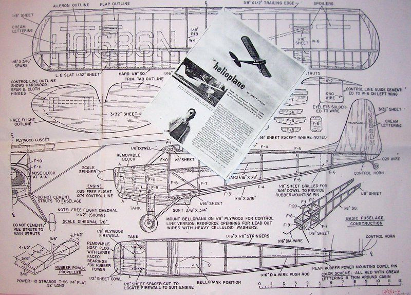 HELIOPLANE PLAN + CONSTRUCTION ARTICLE for 29" Span FF / UC / RC Model Airplane