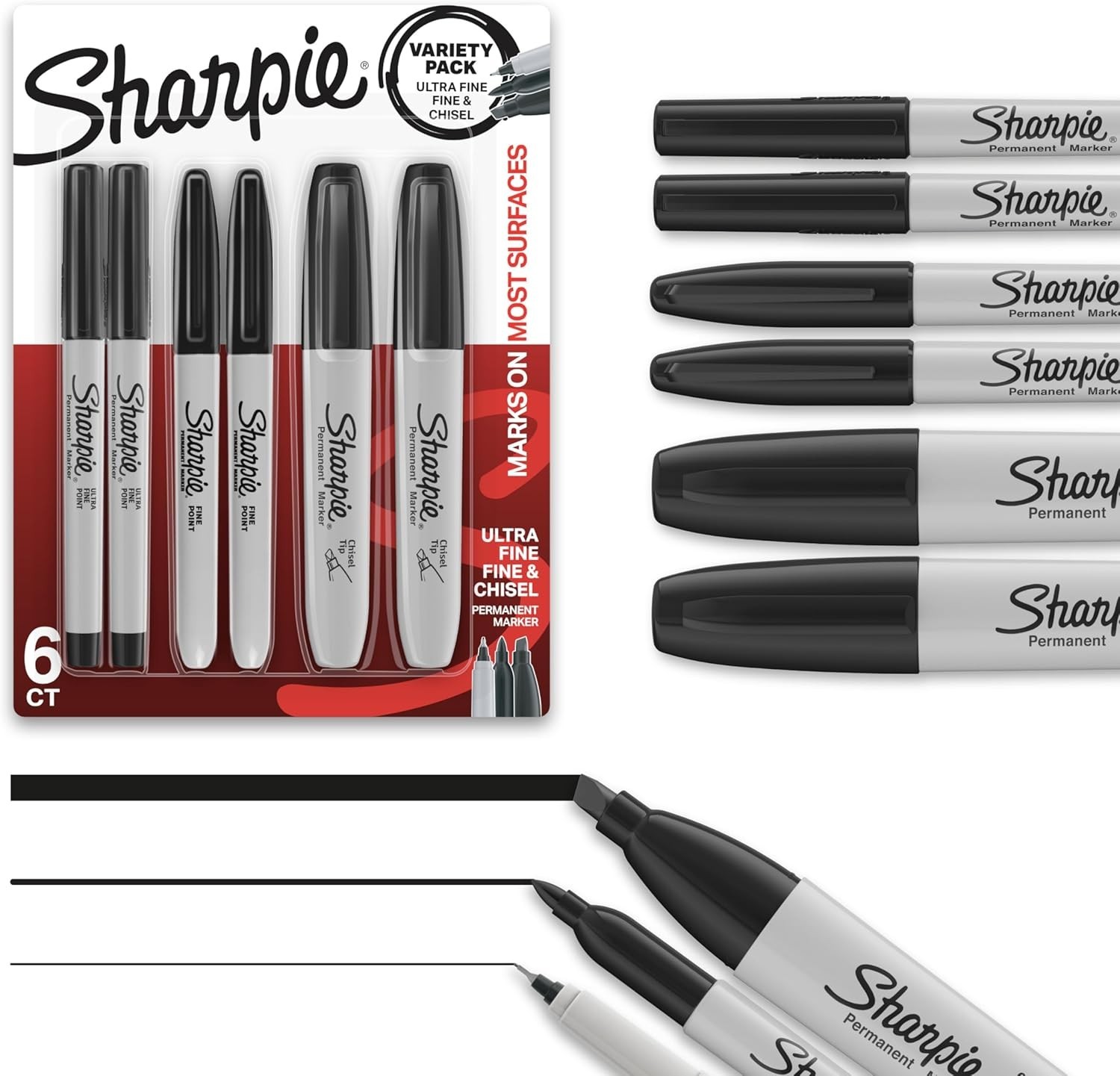 Black Permanent Marker Variety Pack - 6 Markers with Multi-Tip Options