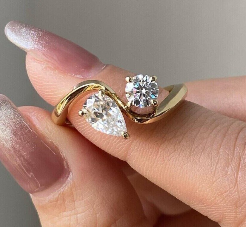 Pear Cut Lab Created Diamond 14K Yellow Gold Plated Wedding Engagement Ring
